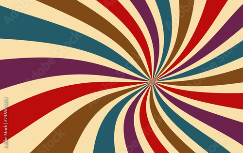 retro starburst or sunburst background vector pattern with a dark vintage color palette of red purple blue brown and beige in a spiral or swirled radial striped design