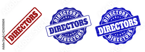 DIRECTORS scratched stamp seals in red and blue colors. Vector DIRECTORS labels with dirty texture. Graphic elements are rounded rectangles, rosettes, circles and text labels.
