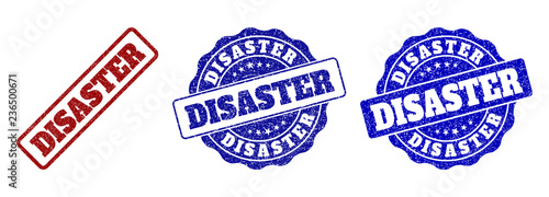 DISASTER grunge stamp seals in red and blue colors. Vector DISASTER labels with grunge texture. Graphic elements are rounded rectangles, rosettes, circles and text labels.