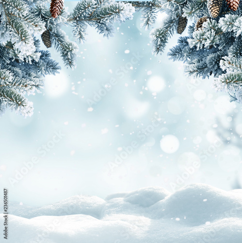 Christmas winter background with snow and blurred bokeh.Merry christmas and happy new year greeting card with copy-space.