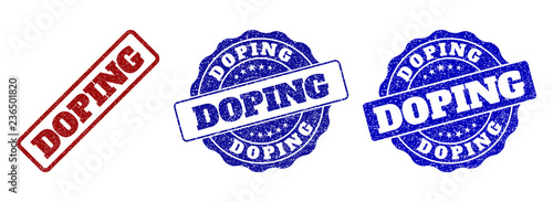 DOPING scratched stamp seals in red and blue colors. Vector DOPING labels with dirty effect. Graphic elements are rounded rectangles, rosettes, circles and text labels.