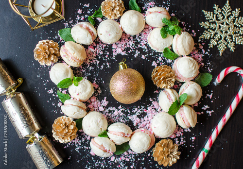 Festive Display with French Macarons, Crackers and Gold Decorations