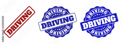 DRIVING grunge stamp seals in red and blue colors. Vector DRIVING labels with draft surface. Graphic elements are rounded rectangles, rosettes, circles and text titles.