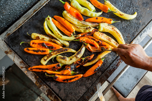 Roasting Chili Peppers On Metal Plate