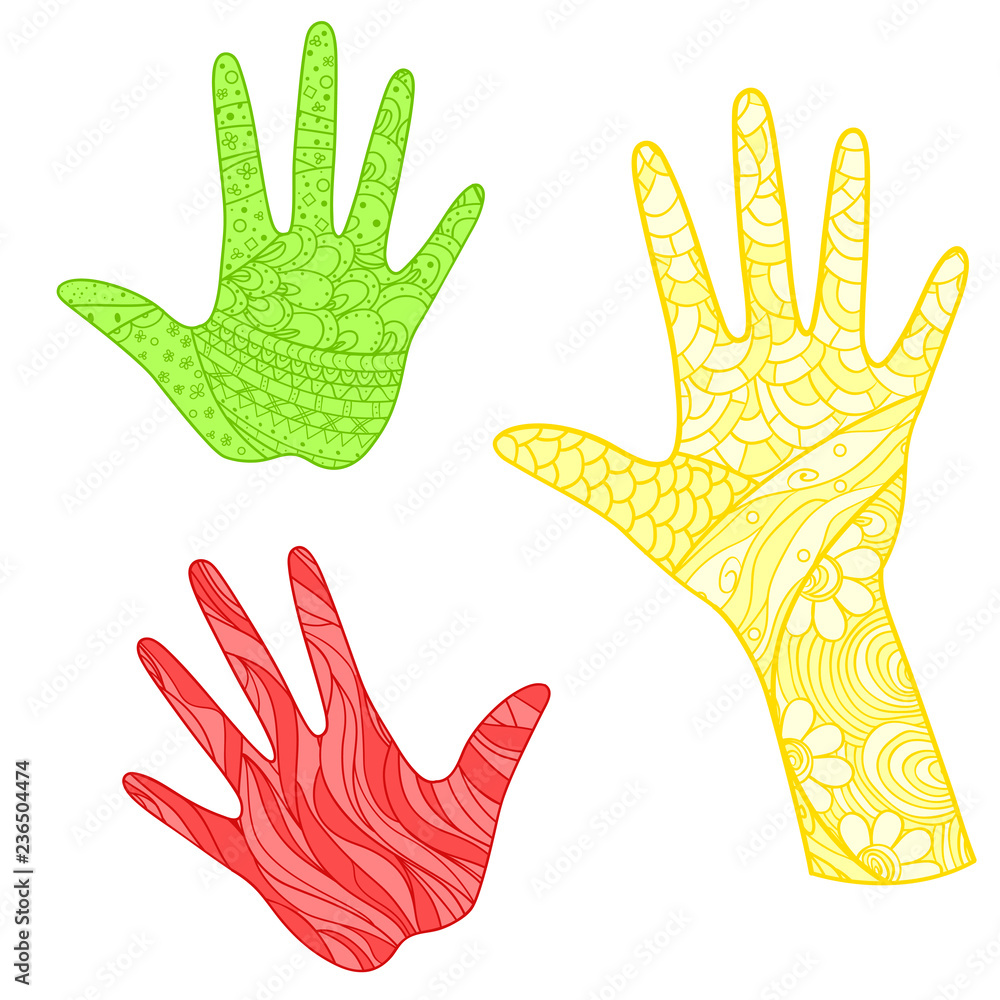 Hands on white. Intricate abstract patterns on isolation background. Design for spiritual relaxation for adults. Zen art. Doodle for banners, posters, t-shirts and textiles Hands on white. Intricate abstract patterns on isolation background. Design for spiritual relaxation for adults. Zen art. Doodle for banners, posters, t-shirts and textiles