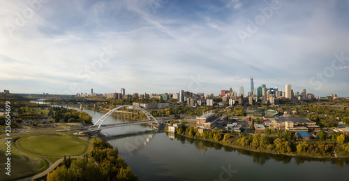 Aerial panoramic view of the beautiful modern city during a sunny day. Taken in Edmonton, Alberta, Canada. photo