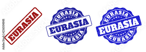 EURASIA grunge stamp seals in red and blue colors. Vector EURASIA imprints with grunge surface. Graphic elements are rounded rectangles, rosettes, circles and text titles.