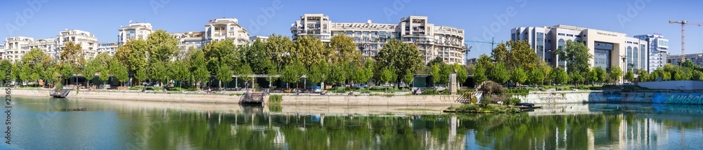 September 14, 2017 Bucharest/Romania - Panoramic views of buildings on the shores of Dambovita river in downtown Bucharest