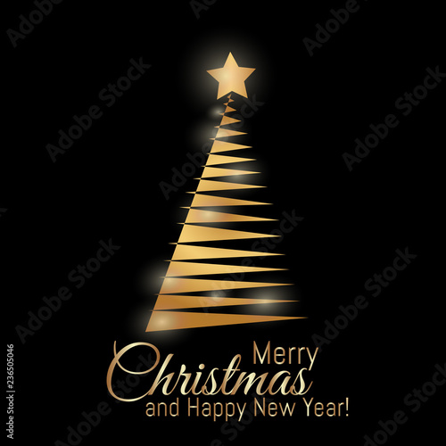 Gold Merry Christmas card with New Year tree and star on the black background