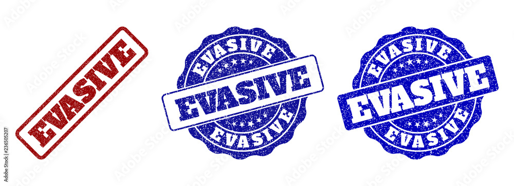 EVASIVE scratched stamp seals in red and blue colors. Vector EVASIVE imprints with dirty effect. Graphic elements are rounded rectangles, rosettes, circles and text titles. EVASIVE scratched stamp seals in red and blue colors. Vector EVASIVE imprints with dirty effect. Graphic elements are rounded rectangles, rosettes, circles and text titles.