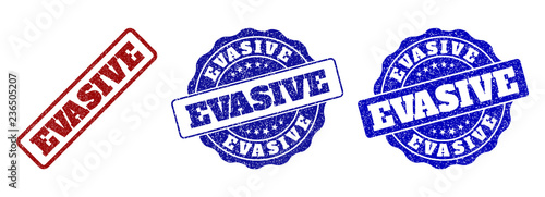 EVASIVE scratched stamp seals in red and blue colors. Vector EVASIVE imprints with dirty effect. Graphic elements are rounded rectangles, rosettes, circles and text titles.