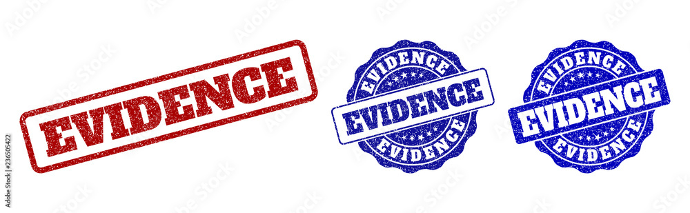EVIDENCE scratched stamp seals in red and blue colors. Vector EVIDENCE labels with grainy style. Graphic elements are rounded rectangles, rosettes, circles and text labels. EVIDENCE scratched stamp seals in red and blue colors. Vector EVIDENCE labels with grainy style. Graphic elements are rounded rectangles, rosettes, circles and text labels.