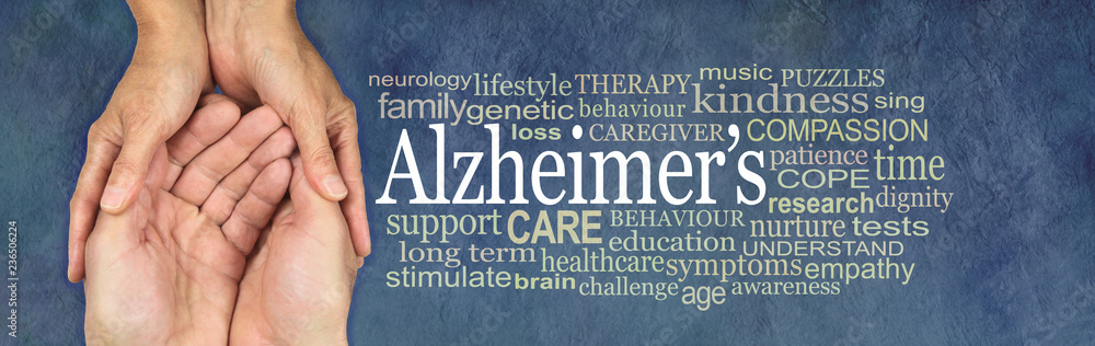 Alzheimer's Word Cloud - female hands gently cupped around male cupped hands beside an ALZHEIMER'S word cloud on a rustic petrol blue background Alzheimer's Word Cloud - female hands gently cupped around male cupped hands beside an ALZHEIMER'S word cloud on a rustic petrol blue background