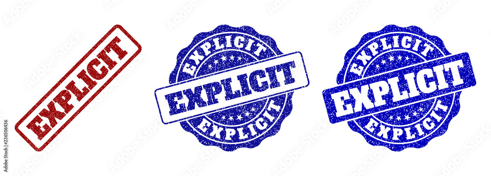 EXPLICIT grunge stamp seals in red and blue colors. Vector EXPLICIT imprints with grunge surface. Graphic elements are rounded rectangles, rosettes, circles and text labels. EXPLICIT grunge stamp seals in red and blue colors. Vector EXPLICIT imprints with grunge surface. Graphic elements are rounded rectangles, rosettes, circles and text labels.