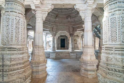 Marble columns in Chaumukha Mandir Jain Temple Ranakpur, Rajasthan India.