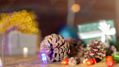 New Year's background with gifts, conifer branches.