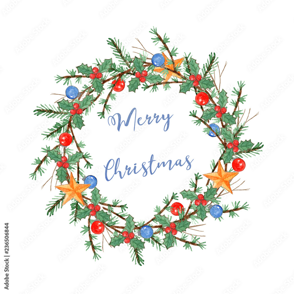 Cute watercolor Christmas wreath with branches, balls, stars and greeting text. Tender round garland illustration isolated on white background for New Year decoration, cards design