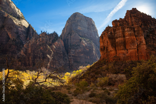 Beautiful landscape view of the Mountain Peaks in the Canyon during a sunny day. Taken in Zion National Park, Utah, United States.