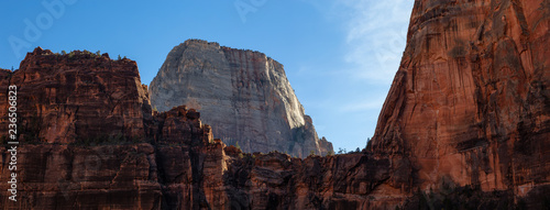 Beautiful panoramic landscape view of the Mountain Peaks in the Canyon during a sunny day. Taken in Zion National Park, Utah, United States. © edb3_16