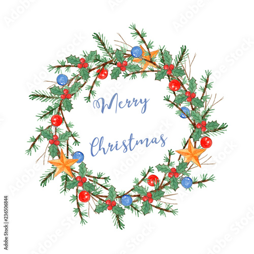 Cute watercolor Christmas wreath with branches, balls, stars and greeting text. Tender round garland illustration isolated on white background for New Year decoration, cards design