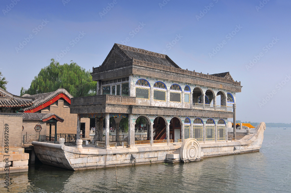 Marble boat on Kunming Lake at Summer Palace in Beijing, China.