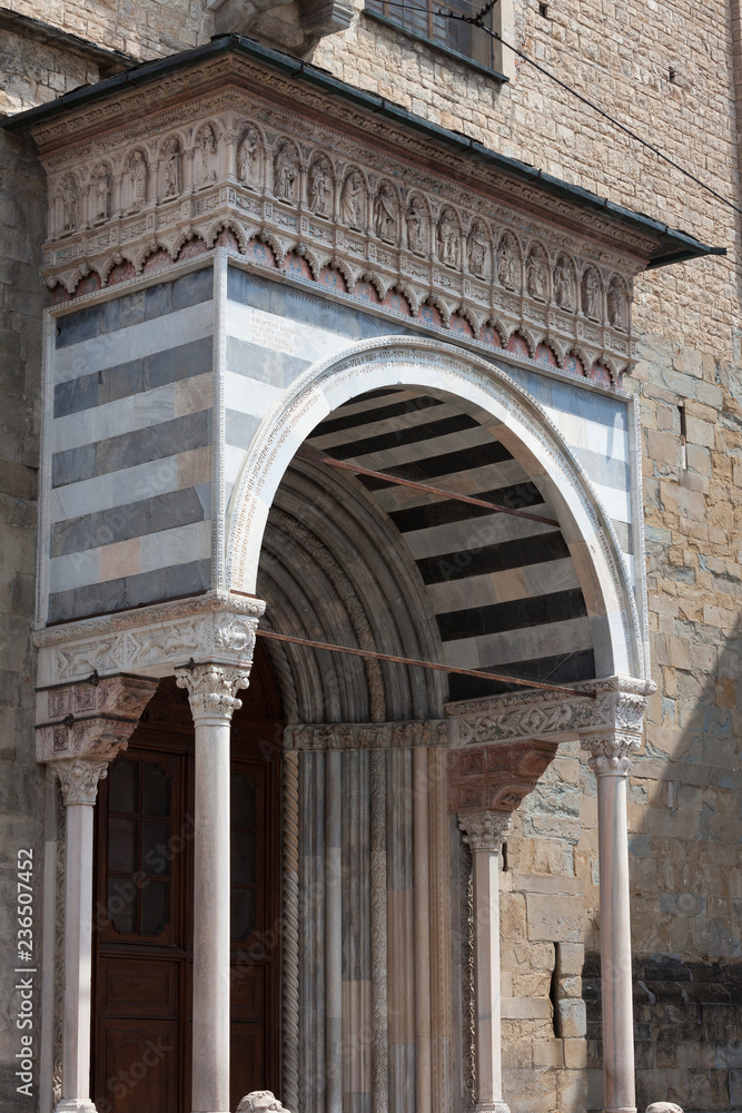 The columns porch of the Basilica di Santa Maria Maggiore, Upper town of Bergamo, Italy