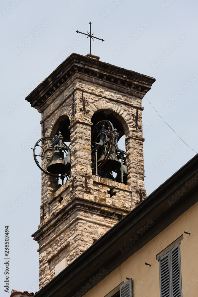 Belfry with cross, Upper town of Bergamo, Italy
