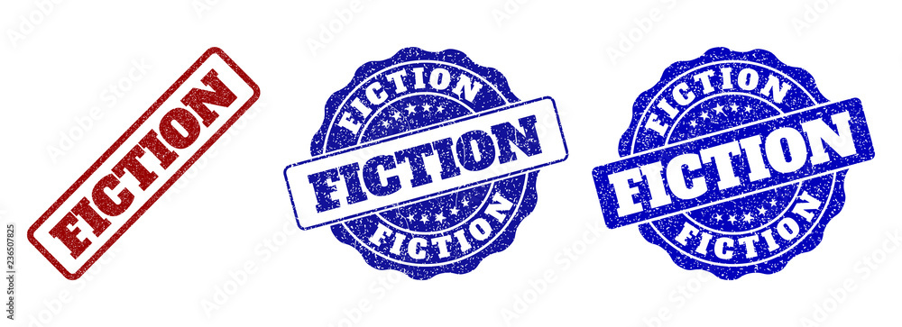 FICTION grunge stamp seals in red and blue colors. Vector FICTION imprints with dirty surface. Graphic elements are rounded rectangles, rosettes, circles and text tags. FICTION grunge stamp seals in red and blue colors. Vector FICTION imprints with dirty surface. Graphic elements are rounded rectangles, rosettes, circles and text tags.
