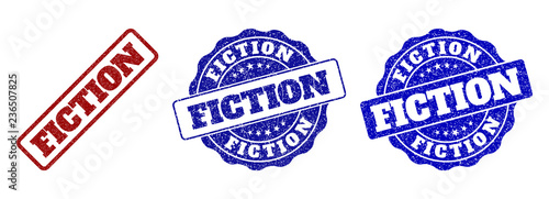 FICTION grunge stamp seals in red and blue colors. Vector FICTION imprints with dirty surface. Graphic elements are rounded rectangles, rosettes, circles and text tags.