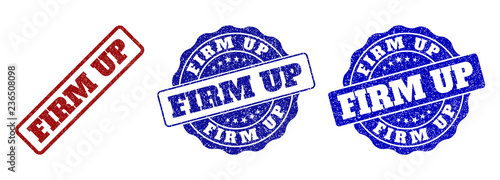 FIRM UP grunge stamp seals in red and blue colors. Vector FIRM UP overlays with grunge surface. Graphic elements are rounded rectangles, rosettes, circles and text titles.