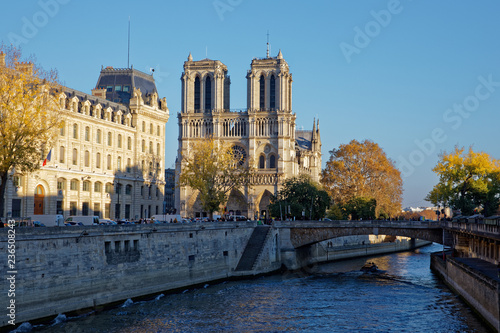 Paris, France - November 18, 2018: Notre Dame cathedral and river Seine in Paris