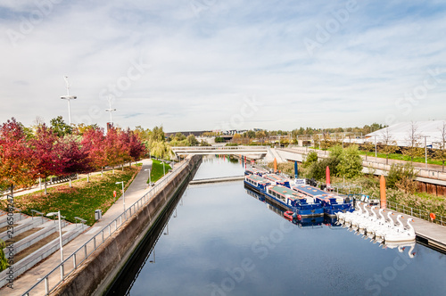 Waterworks River in the Queen Elizabeth Olympic Park in autumn London, England