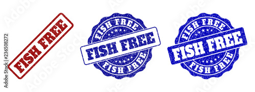 FISH FREE grunge stamp seals in red and blue colors. Vector FISH FREE marks with grunge texture. Graphic elements are rounded rectangles, rosettes, circles and text captions.