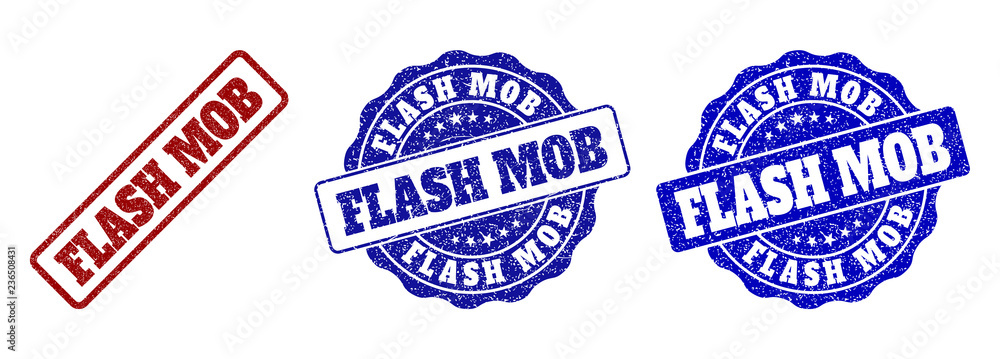 FLASH MOB grunge stamp seals in red and blue colors. Vector FLASH MOB labels with grainy effect. Graphic elements are rounded rectangles, rosettes, circles and text labels.