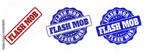 FLASH MOB grunge stamp seals in red and blue colors. Vector FLASH MOB labels with grainy effect. Graphic elements are rounded rectangles, rosettes, circles and text labels.
