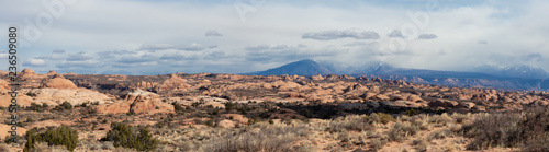 Panoramic Landscape view of beautiful red rock canyon formations during a vibrant sunny day. Taken in Arches National Park, located near Moab, Utah, United States.