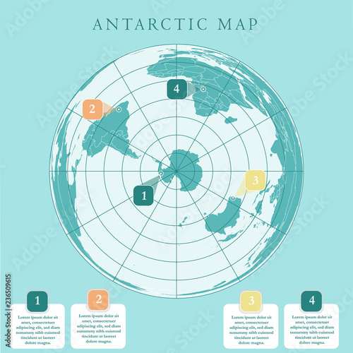 Antarctida, Antarctic region and South Pole map. Green background.
