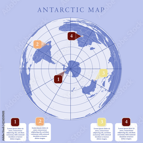 Antarctida, Antarctic region and South Pole map. Purple background.