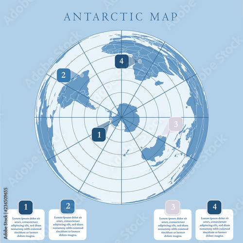 Antarctida, Antarctic region and South Pole map. Blue background. photo