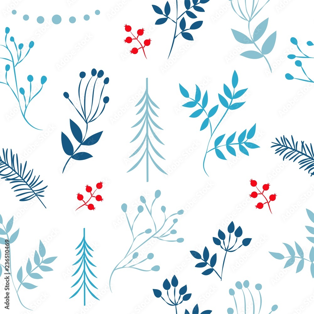 Naklejka A set of simple Christmas patterns. color illustration of Christmas trees, snowflakes, leaves, branches, cranberries, berries. flat design. winter illustration
