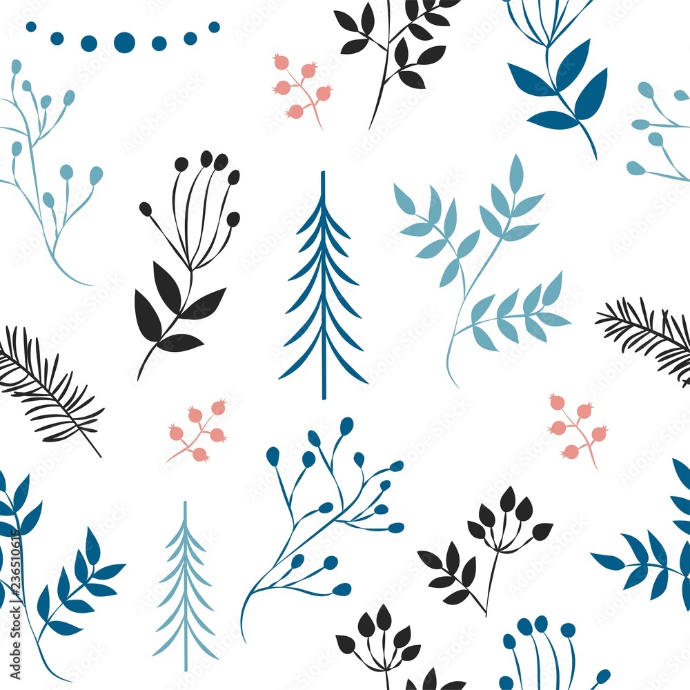 Fototapeta A set of simple Christmas patterns. color illustration of Christmas trees, snowflakes, leaves, branches, cranberries, berries. flat design. winter illustration