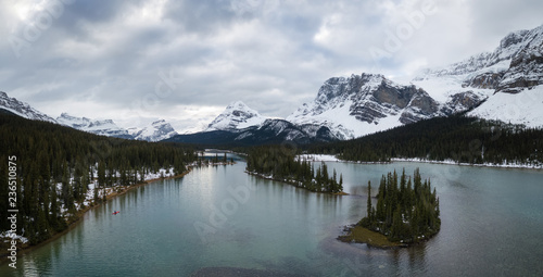 Aerial Panoramic view of a beautiful Glacier Lake in the Canadian Rockies. Taken in Banff, Alberta, Canada.