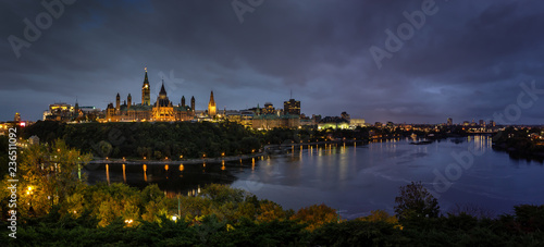 Panoramic view of Downtown Ottawa and the Parliament of Canada. Taken from Nepean Point, Ontario, Canada.