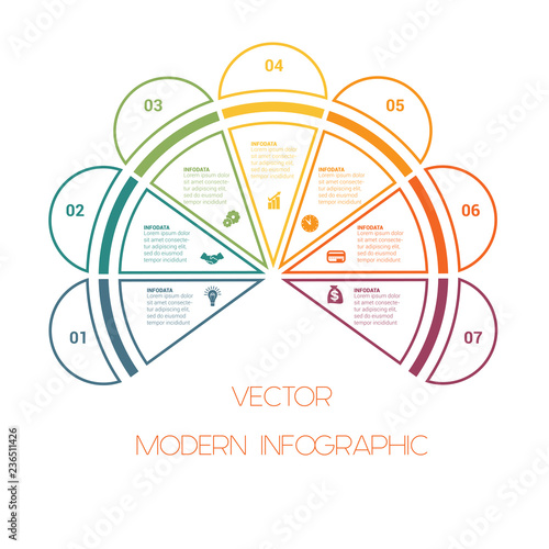 Template of colorful semicircle from lines for infographics  with text areas on  7 positions photo