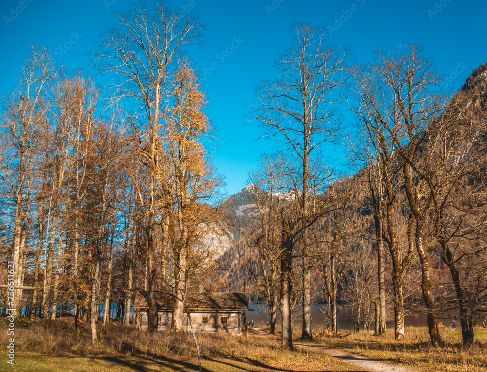 Beautiful autumn view at the famous Koenigssee-Bavaria-Germany