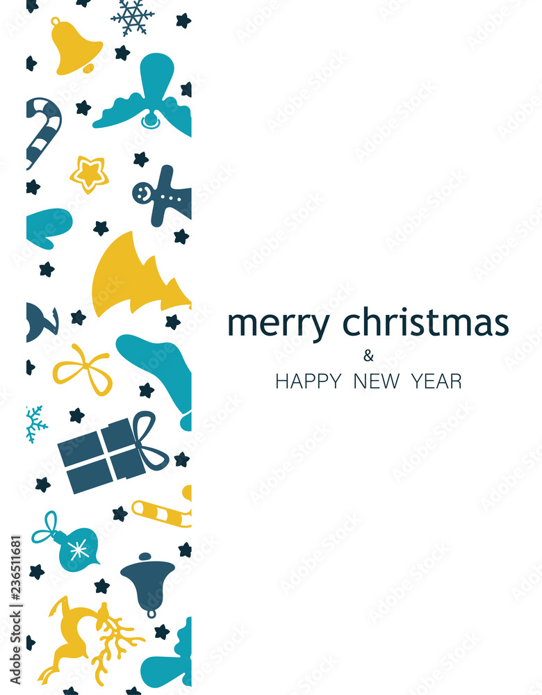 Merry Christmas poster with blue and yellow holiday pattern.