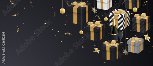 Christmas and New Year festive banner with golden 3d gifts and confetti.