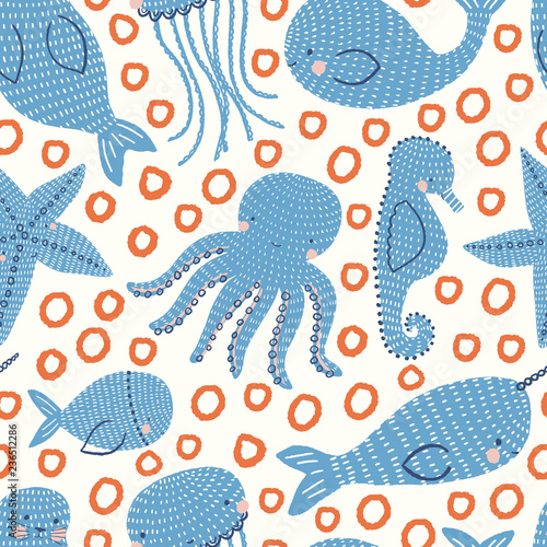 Seamless ocean animals vector repeat pattern with seals, starfish, whales octopus, seahorse, narwhals and jellyfish