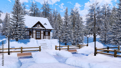 Cozy snowbound half-timbered alpine rural house among snow covered fir trees high in snowy mountains at frosty winter day. With no people 3D illustration.