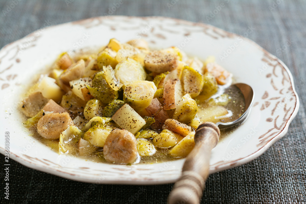 Brussels Sprout Soup with Vegan Sausages Brussels Sprout Soup with Vegan Sausages